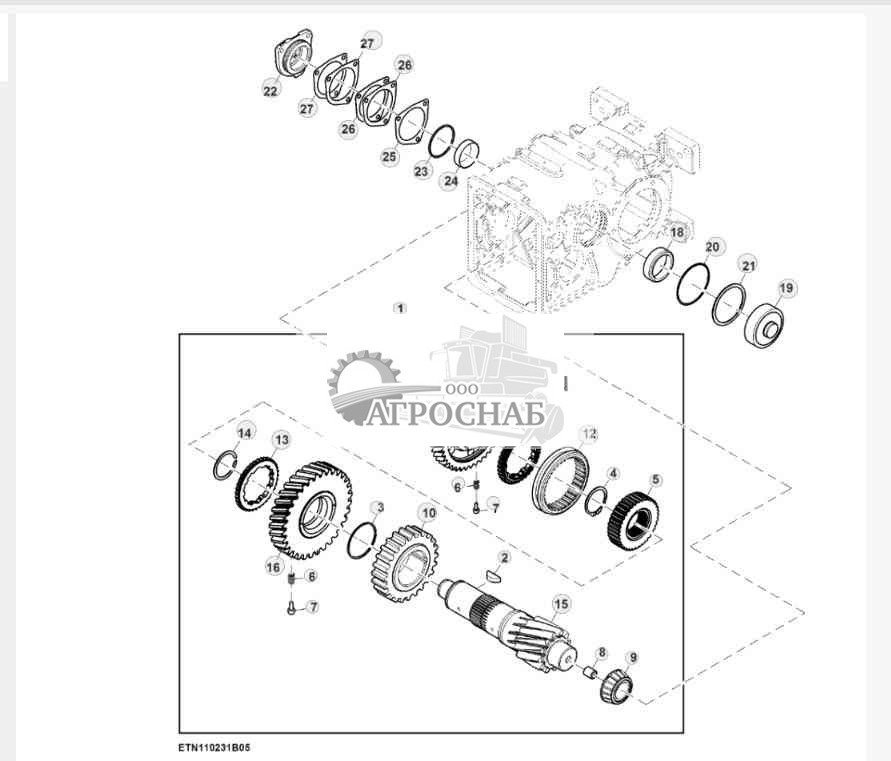 Вал-шестерня трансмиссии, шестерни и подшипники, 30 kmh 